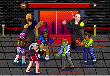 Game art: Dex, Roxy, Big Tone and Kiki square up to a Doorman, a Chunderer and a Stag Lad outside Club Inferno's front door.