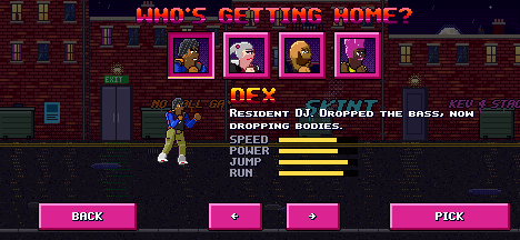 The character select with Dex picked: his portrait, his blurb and his stat bars, beside the other three fighters' portraits.