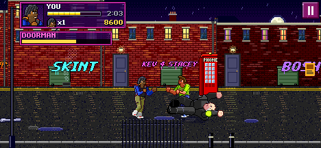 Stage 1, Last Orders: Dex squares up to a Stag Lad beside a red phone box in the back streets, with a Doorman already on the floor.